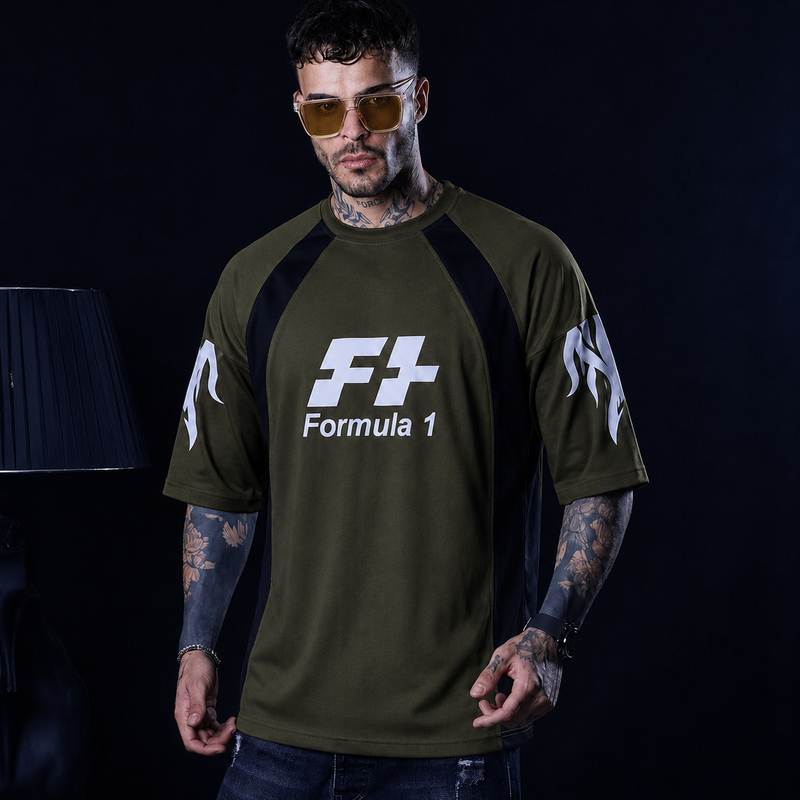 Men's Oversized Formula 1 Printed T-Shirt – Drop Shoulder Interlock Fabric
