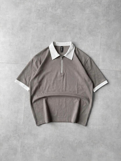 Back Print Zip Polo Shirt – Drop Shoulder Fine Terry Oversized T-Shirt