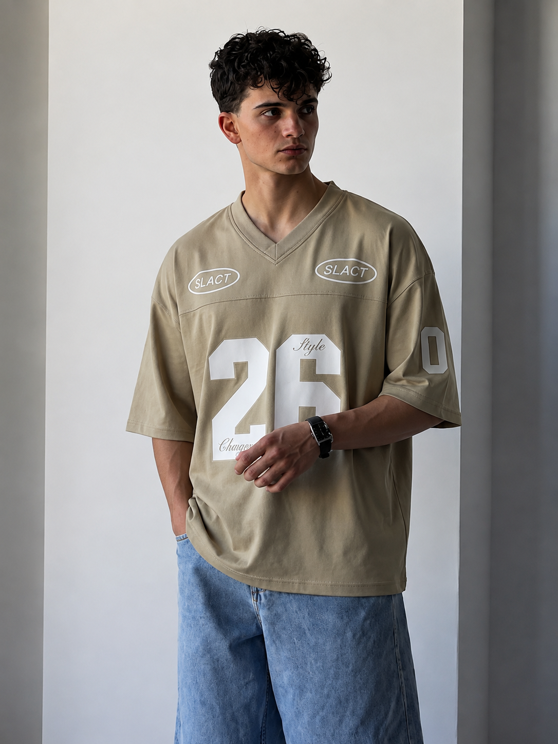 V Neck 26 Printed Drop Shoulder T-Shirt – Interlock Fabric