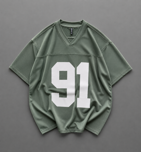 V Neck 91 Printed Drop Shoulder T-Shirt – Corduroy Fabric