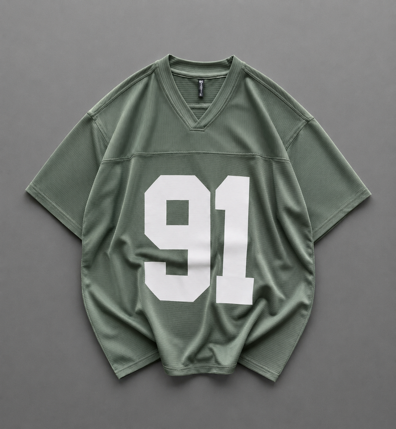V Neck 91 Printed Drop Shoulder T-Shirt – Corduroy Fabric