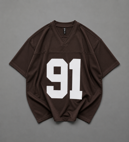 V Neck 91 Printed Drop Shoulder T-Shirt – Corduroy Fabric
