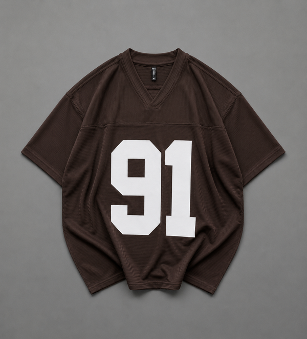 V Neck 91 Printed Drop Shoulder T-Shirt – Corduroy Fabric