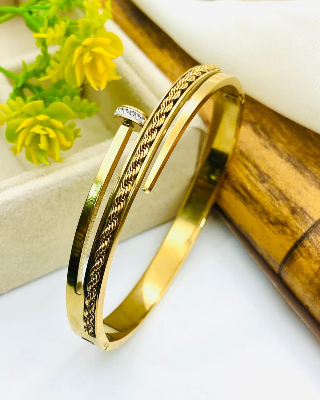 Luxury Twisted Nail Bracelet for Women – Stainless Steel Zircon Stone Bangle (Adjustable Designer Cuff)