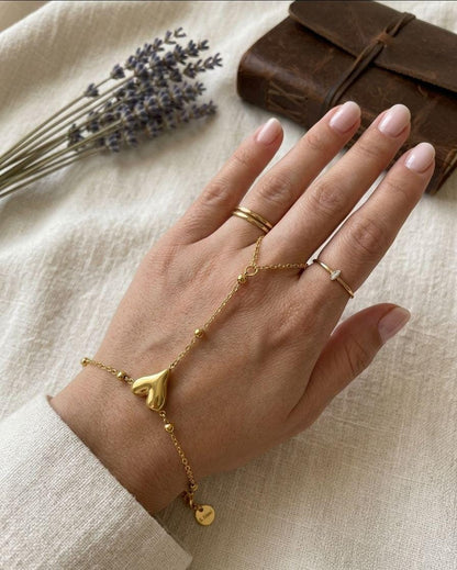 Adjustable Heart Style Stainless Steel Hand Bracelet with Ring