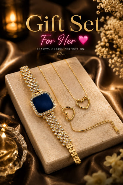 Ladies Gift Set with LED Touch Watch, Heart Bracelet & Pendant