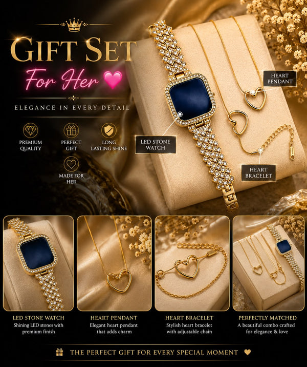 Ladies Gift Set with LED Touch Watch, Heart Bracelet & Pendant