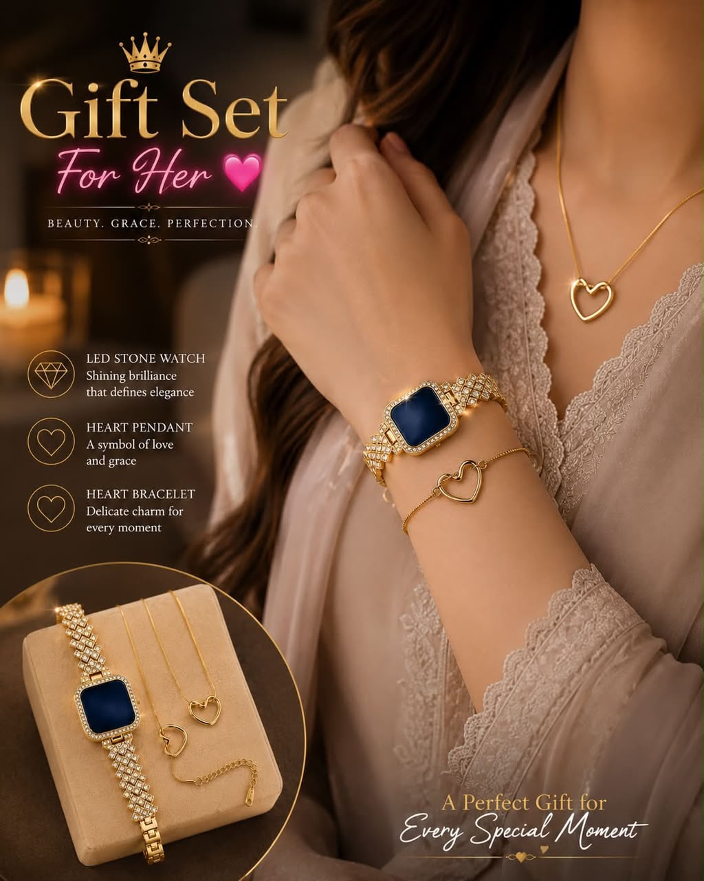 Ladies Gift Set with LED Touch Watch, Heart Bracelet & Pendant