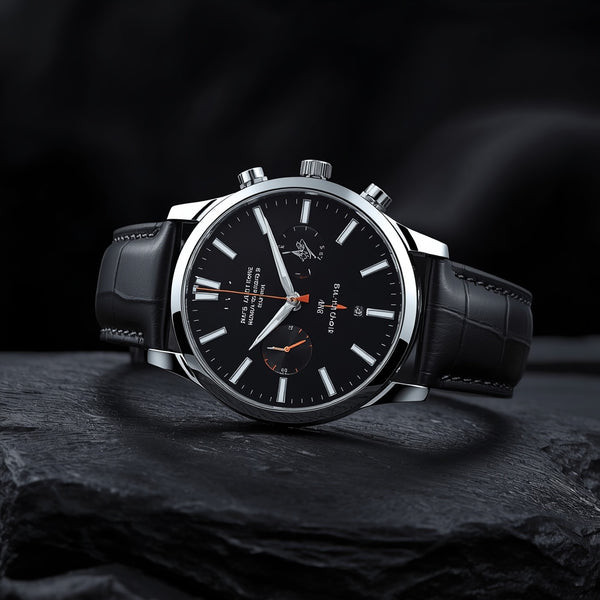 Luxury Men's Black Leather Watch – Premium Stainless Steel Wristwatch