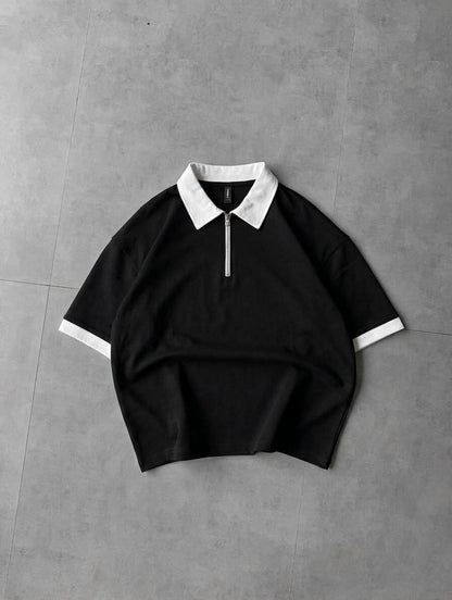 Back Print Zip Polo Shirt – Drop Shoulder Fine Terry Oversized T-Shirt