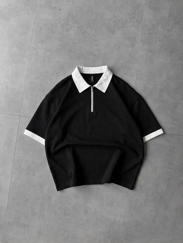 Back Print Zip Polo Shirt – Drop Shoulder Fine Terry Oversized T-Shirt
